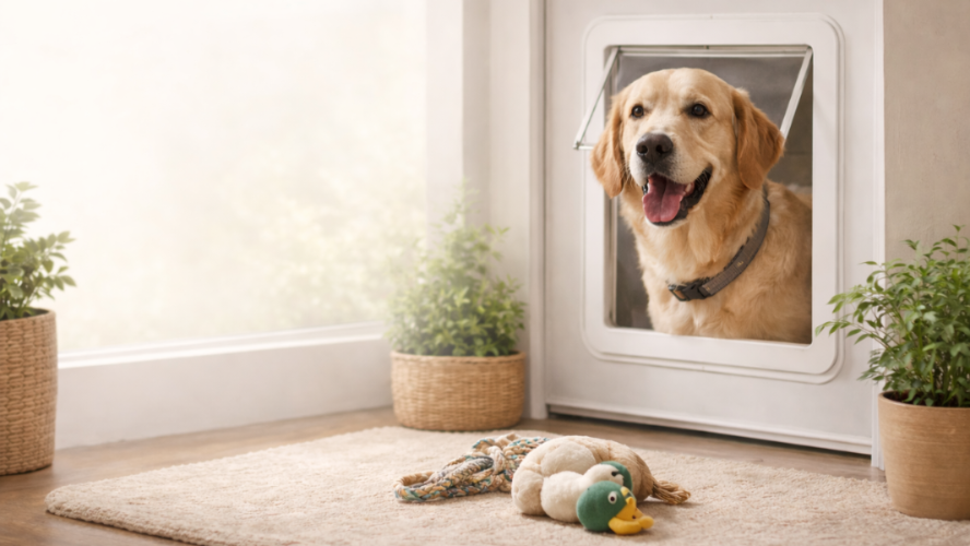Dog using a pet door in a home setting with toys and plants.